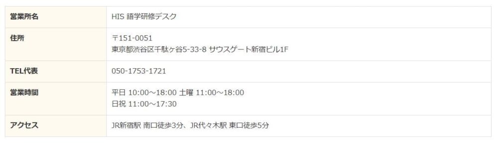 HIS語学研修デスクデメリット1
対面窓口は新宿1店舗のみ